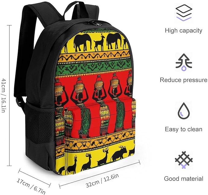 Daypack Backpack Anti-Theft Multipurpose Large Capacity Carry On Bag, Ethnic Tribal African Black Women Deer Elephants Art Traveling Camping Backpack With Side Pockets