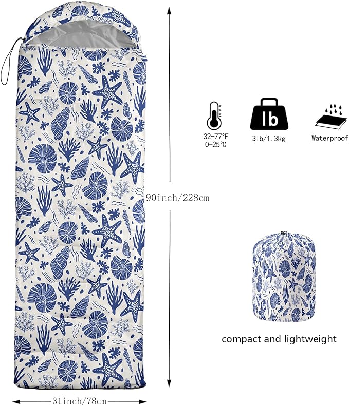 AILONEN Boys Sleeping Bag for Camping,Nautical Anchor,Lightweight & Waterproof,3 Season Warm & Cool Weather,Navy Blue Sleeping Bags for Kids Men Travelling,Outdoors