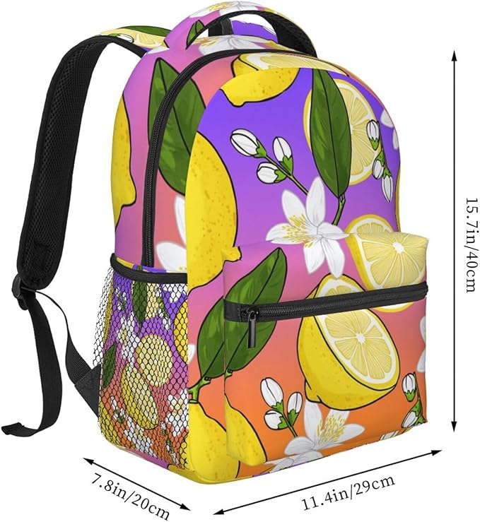 Polyester Daypack Backpack for Sports Travel Running, Big Capacity Anti-Theft Multipurpose Carry On Bag, Lemon Fruits Summer Ornament Art Laptop Book Bag Rucksack