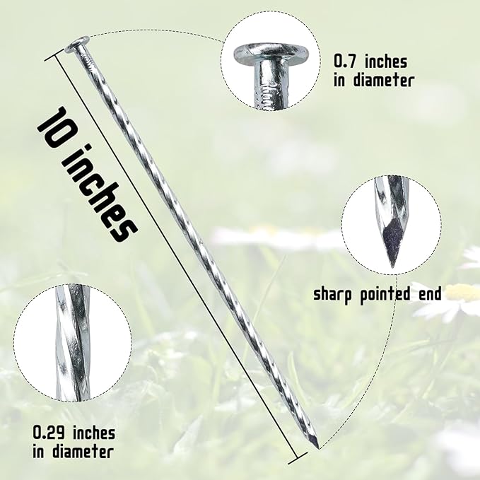 10 Inch Galvanized Landscape Stakes Heavy Duty Metal Spiral Anchoring Spikes Garden Nails for Paver Edging, Camping Tent, Weed Barrier, Artificial Turf, Carpentry and More