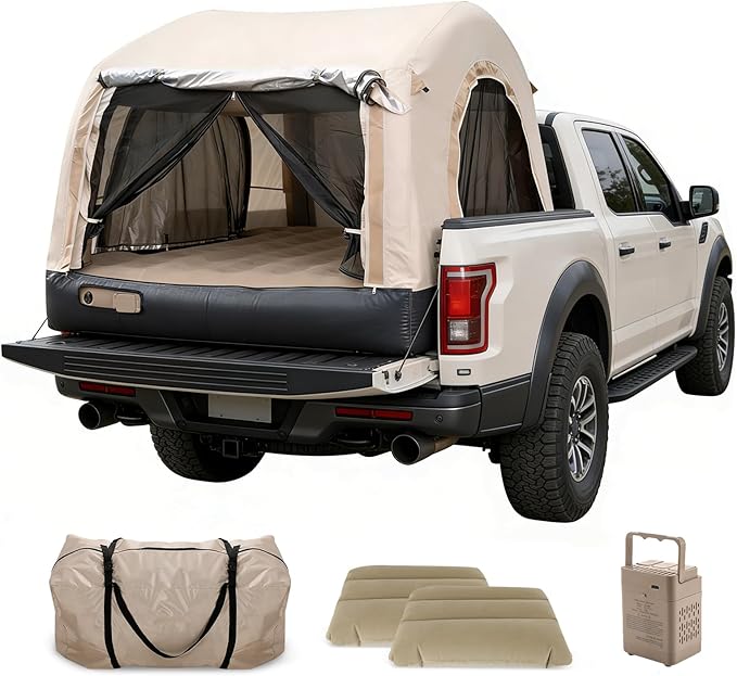 Electric Inflatable Truck Bed Tent with Mattress, Waterproof PU2000mm with Air Pump Pickup Truck Tent, Fits 5.5-6.7FT Full Size Short Bed, All-in-One Quick Setup Truck Tent for Camping