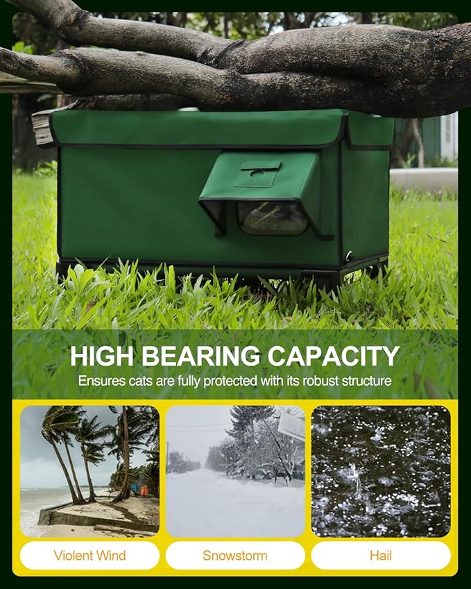 Outdoor Heated Cat House in Winter,Extremely Insulated & Weatherproof,Elevated Feral Cat Shelter with Waterproof Eaves & Escape Door for Outside Stray Barn Cat (Army Green,S)