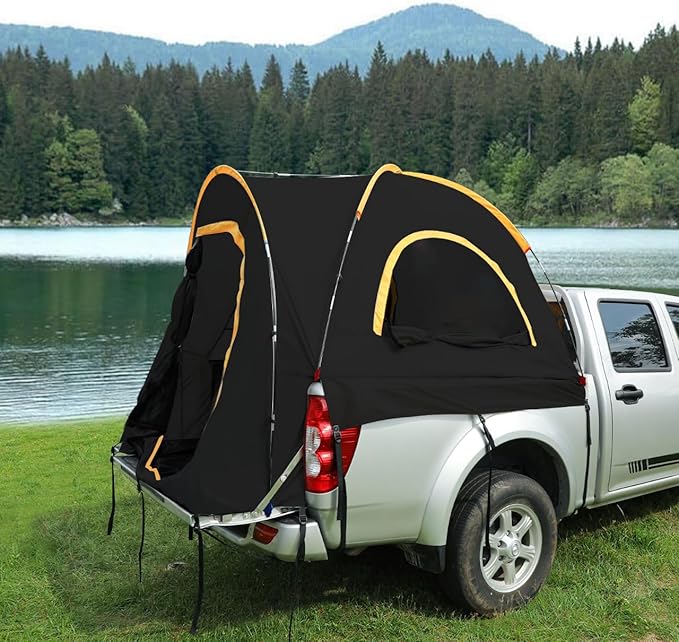 Pickup Truck Blackout Tent, Portable Truck Bed Tent for Camping, Waterproof PU2000mm Double Layer for 2 Person, Compact and Full Size Regular Bed Long Bed (Black)