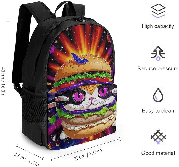 Adults Lightweight Space Hamburger Cat Rucksacks Large Capacity Bookbag With Adjustable Shoulder Straps for Trekking Outdoors Bicycle