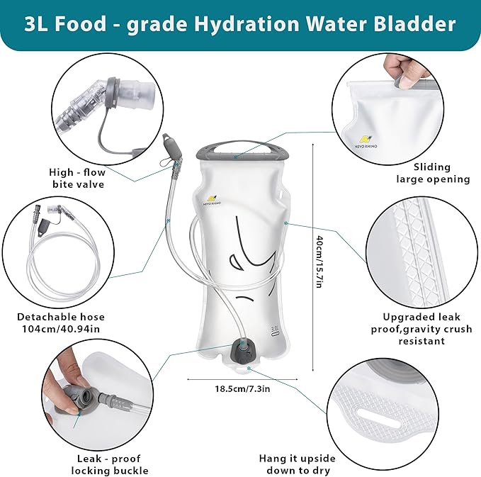 N NEVO RHINO Hydration Bladder 2L-3L,Water Reservoir for Hiking Backpack Leak Proof Water Storage Bladder,BPA-Free Water Pouch Hydration Pack for Camping Cycling Running
