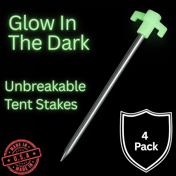 10" Glow in The Dark Tent Stakes - Unbreakable Rebar Stakes, Metal Stakes Heavy Duty, Camping Spikes with High Impact, 5/16" Diameter Corrosive Resistant Ground Anchor, Made in USA Metal Tent Anchors