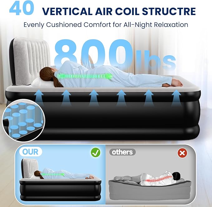 Queen Air Mattress with Headboard, Built-in Pump, 19" Raised Upgraded Comfort, 800 lbs Heavy-Duty Support, 48-Hour Leak-Tested, 3.5 Min Inflatable Portable Blow Up Mattress for Home, Guest & Camping