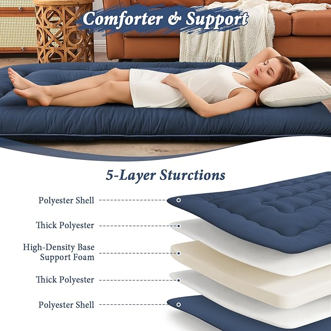 DAICO Japanese Floor Mattress, 4'' Thicken Futon Mattress Tatami Mat, Sleeping Pad Foldable Roll Up Mat for Camping and Guest Room, Full Size 54''*80'', Navy