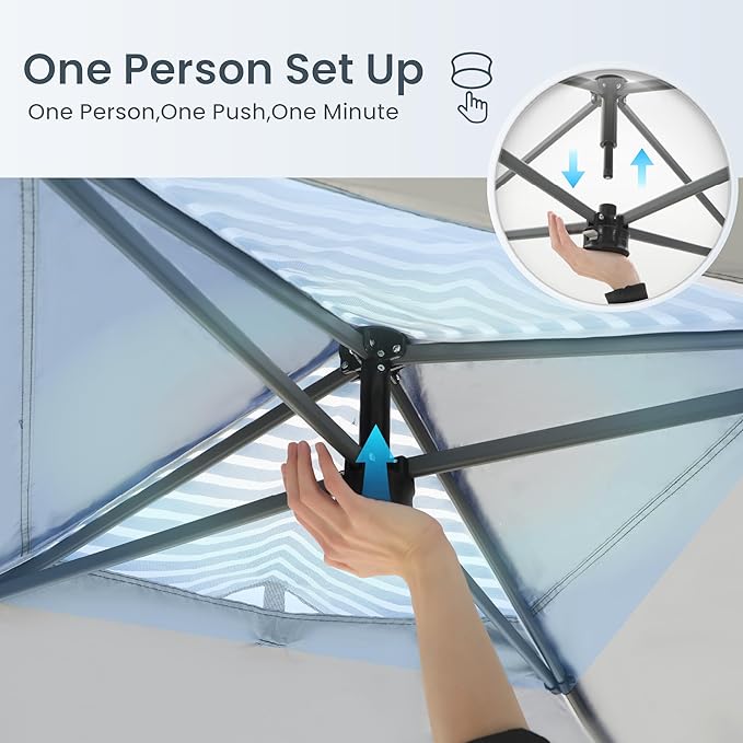 PHI VILLA 10’x10’ Pop Up Canopy Tent - One Push Setup, Instant Shade Tent with Vented Roof for Beach & Events - Includes Storage Bag, Sandbags, Stakes & Ropes (Navy Stripe)