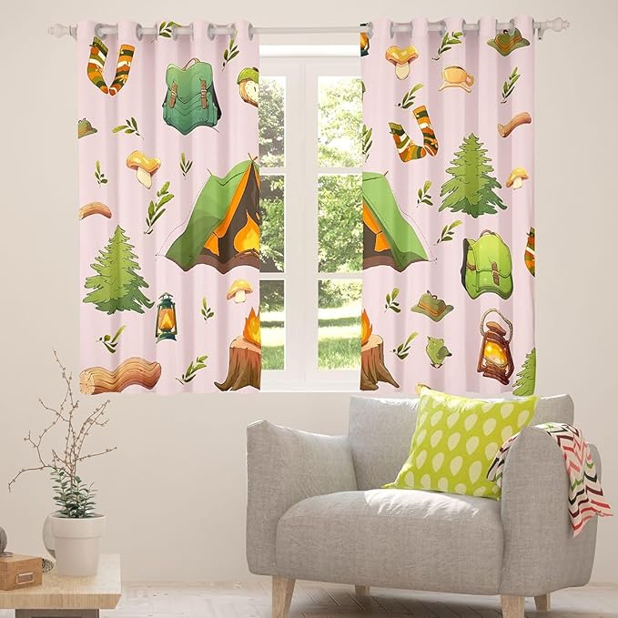 Feelyou Pink RV Camping Camper Curtains for Bedroom Living Room Camping Theme Blackout Shades Camper Room Darkening Curtain Window Treatments, 2 Panels 52 x 90 Inch Decor