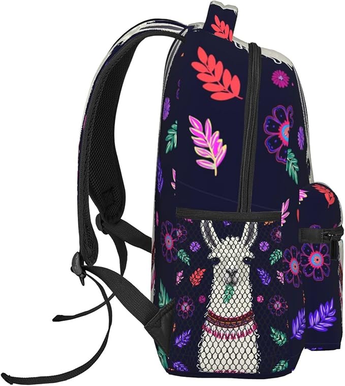 Backpack Polyester Anti-Theft Multipurpose Llama Alpaca Flower Leaves Art Bookbag Large Capacity Laptop Book Bag Rucksack With Side Pockets