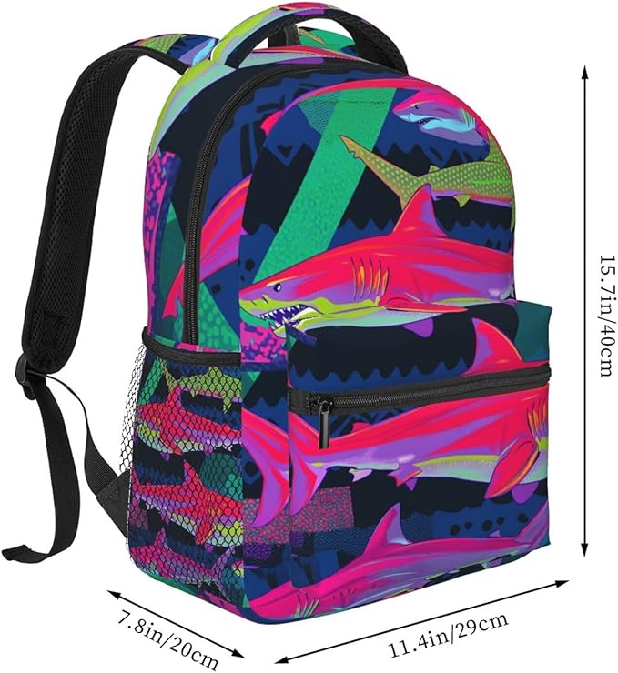 Men Women Lightweight Colorful Shark Art Casual Daypack Large Capacity Bookbag With Adjustable Shoulder Straps for Gym Business Bicycle