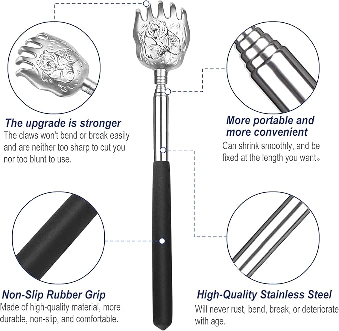 Bear Claw Back Scratcher with Gift Bag - Portable Metal Stainless Steel Telescoping Massage Tool - Gift/Stocking Stuffers for Men Women