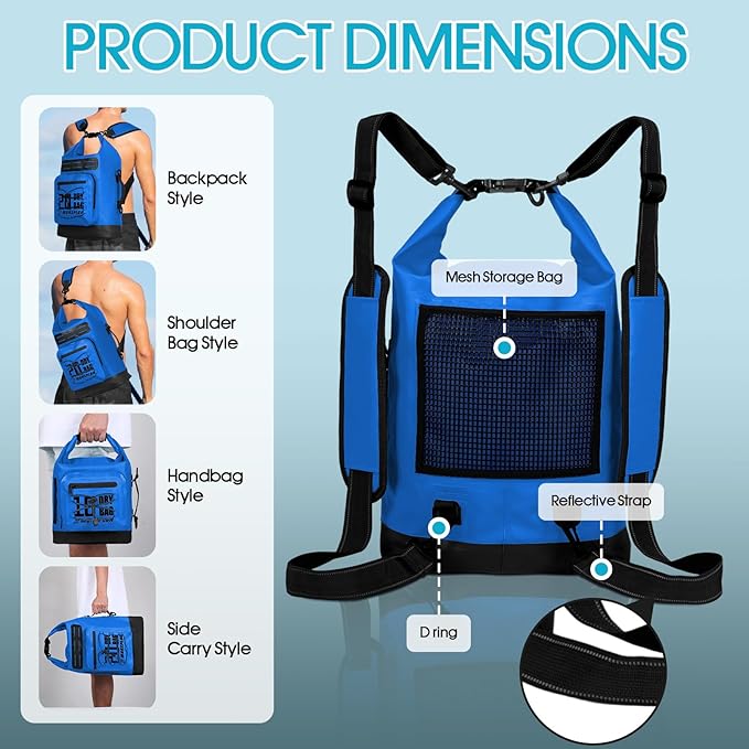 Dry Bag Waterproof,5L/10L/20L/30L Roll Top Dry Bag Backpack with WaterProof Phone Case for Swim,Kayak(Dark Blue 10L)