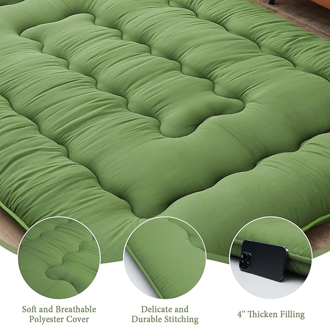 DAICO Japanese Floor Mattress, 4'' Thicken Futon Mattress Tatami Mat, Sleeping Pad Foldable Roll Up Mat for Camping and Guest Room, Full Size 54''*80'', Green