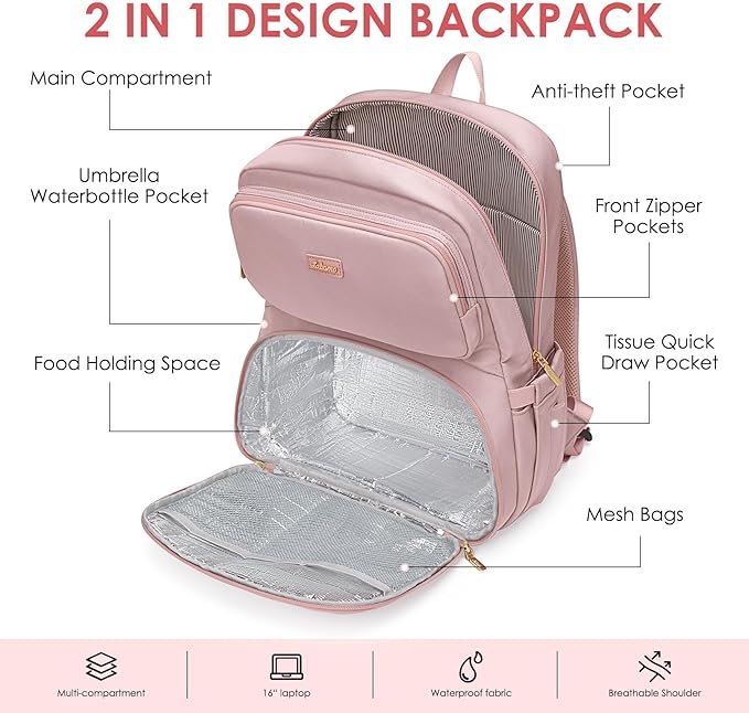 Lunch Backpack for Women Men, 16 Inch Laptop Backpack with Lunch Compartment, Water Resistant Lunchbox Back Pack Meal Prep Cooler Bags Insulated for Nurse Work Teacher Travel
