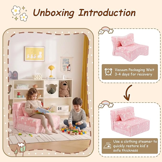Folding Sofa Bed Floor Mattress for Kids with Pillow, Toddler Glow in Dark Washable Folding Floor Mat for Daycare, Child Foldable Futon Chair with Storage Bag for Playroom, Camping, Pink Moon