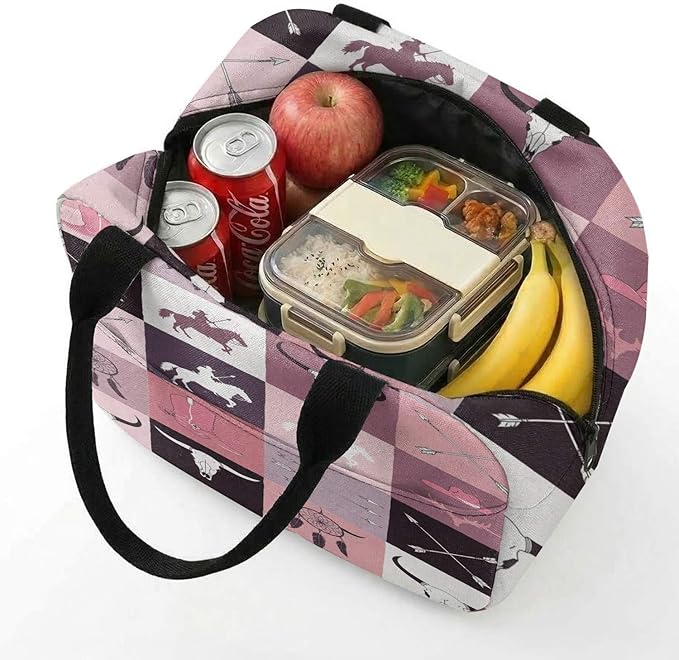 Western Retro Denim Insulated Lunch Bag Bear Deer Bird Nature Landscape Cactus Thermal Tote Portable Size (05)