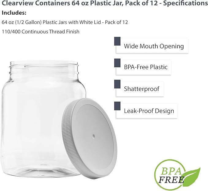 Plastic Storage Jars with Leak Proof Lids, BPA Free, Hand Wash Only (64oz, 12PK White)