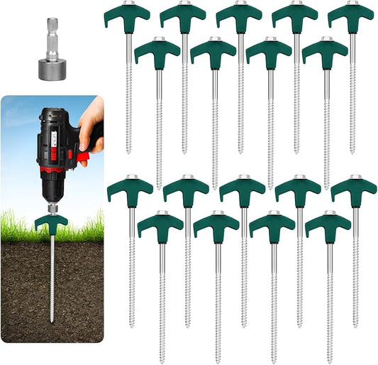 18 Tent Stakes Heavy Duty Metal Tent Stakes Screw in Camping Stakes with Luminous Head Ground Anchor Pegs Threaded Tent Spikes with Hex Head Driver and Storage Box, Green