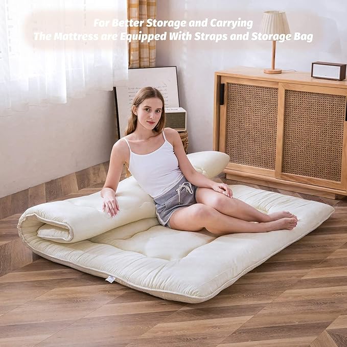 MAXYOYO Japanese Shiki Futon Mattress Floor Mattress Thicken Tatami Mat Sleeping Pad Roll Up Mattress Floor Lounger Bed Folding Couch Bed Mattress Pad for Guest Room, Off White, King