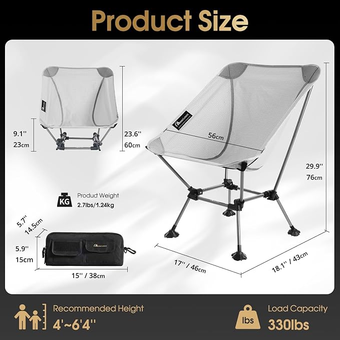 MOON LENCE Camping Chair Plus, Upgraded Comfort & Size, Still Compact and Lightweight, Folding Portable Chair for Backpacking & Hiking, 330Lbs Capacity, Gen 3 Plus (Grey (Plus))
