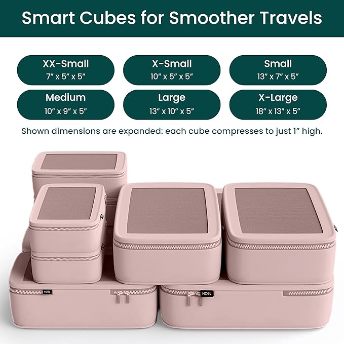 NOBL Travel Compressible Packing Cubes Set, 6 Pieces Travel Packing Organizers, Compression Luggage Cubes for Suitcases & Carry On, Space Saving (XXS, XS, S, M, L, XL) - Blush