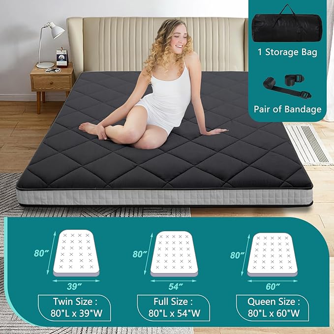 SUNYRISY Japanese Floor Mattress Futon Mattress, 4" Thicken Tatami Mat Sleeping Pad Foldable Roll Up Mat Boys Girls Dormitory Pad Kids Floor Lounger Bed Camping Couch