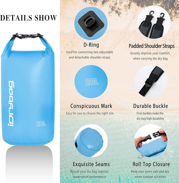 IDRYBAG Clear Dry Bag Waterproof 2L/5L/10L/15L/20L, Small Dry Sack Waterproof Bag for Kayaking