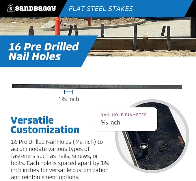 Sandbaggy Flat Steel Stakes for Concrete Forms with Nail Holes - 1.5" Wide - Painted - Removable, Reusable, V Point End - Construction Grade Stakes (10, 60 inch)