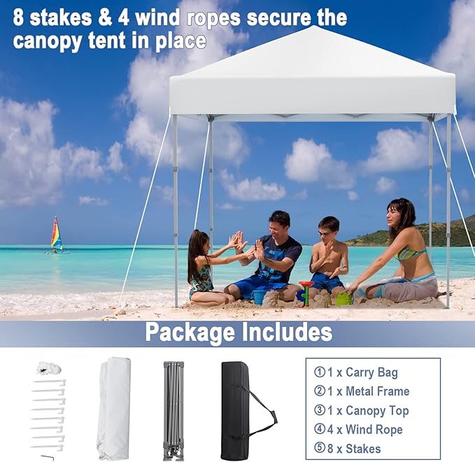 6.6 x 6.6 Ft Pop Up Canopy, 1 Person Instant Setup Canopy Tent with Push Center Lock, 8 Stakes, 4 Ropes & Carrying Bag, Portable Easy Up Gazebo Shelter for Outdoor Camp, Beach, Patio & Party