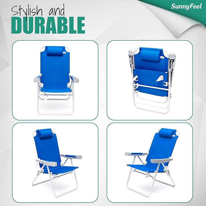 SUNNYFEEL Oversized Tall Folding Beach Chair Lightweight, 17" Portable Sand Chair for Adults Heavy Duty 500 LBS with Cup Holders, Foldable High Camping Lawn Chairs for Camp/Outdoor/Picnic/Sports