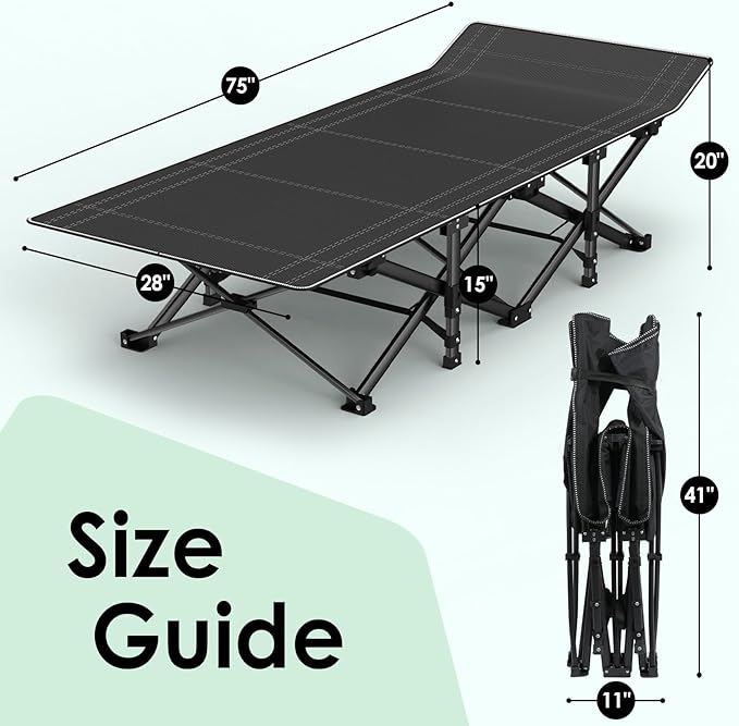 Suteck Camping Cot, Folding Camping Cot Bed for Adults Sleeping 1200D Double Layer Oxford Portable Folding Outdoor Cots for Camping W/Soft Pad Carry Bag for Home Office Nap Beach Travel