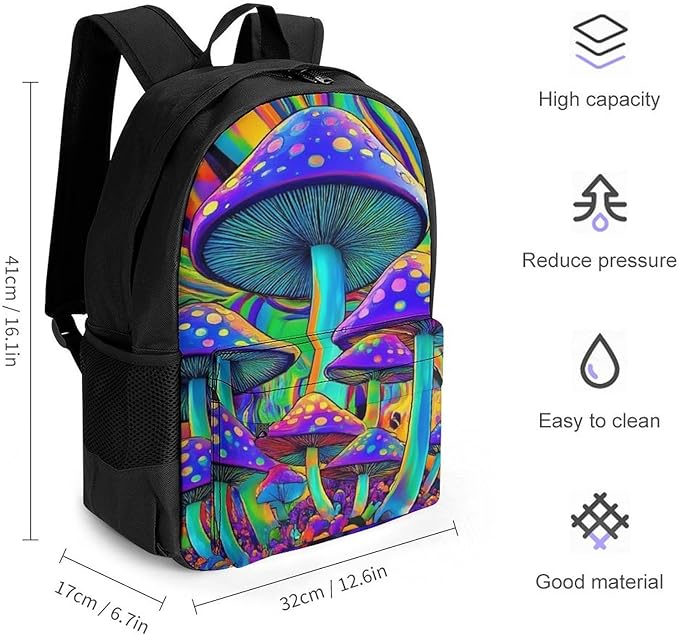 Supdreamc Women Men Polyester Trippy Tie Dye Magic Mushrooms Art Casual Daypack Large Capacity Bookbag With Side Pockets for Sports Picnic Walking Cycling
