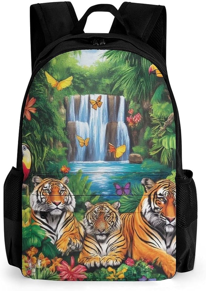 Supdreamc Rucksack Anti-Theft Multipurpose Big Capacity Carry On Bag, Tropical Jungle Parrot Birds Tiger Art Traveling Camping Backpack With Side Pockets