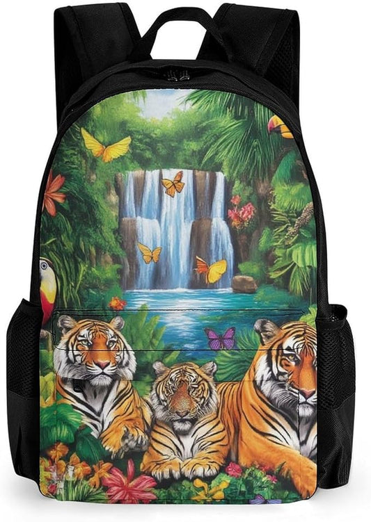 Supdreamc Rucksack Anti-Theft Multipurpose Big Capacity Carry On Bag, Tropical Jungle Parrot Birds Tiger Art Traveling Camping Backpack With Side Pockets