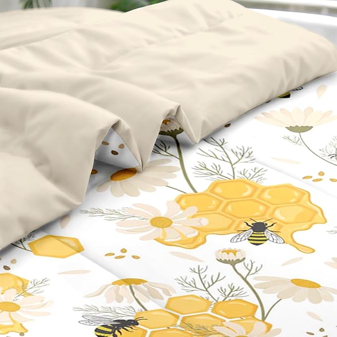 Comforter Set Queen Size, Bees Honey Flower 7 Pcs Bedding for Kids and Adults, Floral Animals Summer Bed Sheet Sets with Fitted Sheet 2 Pillowcases & 2 Shams for Bedroom Bed Decor