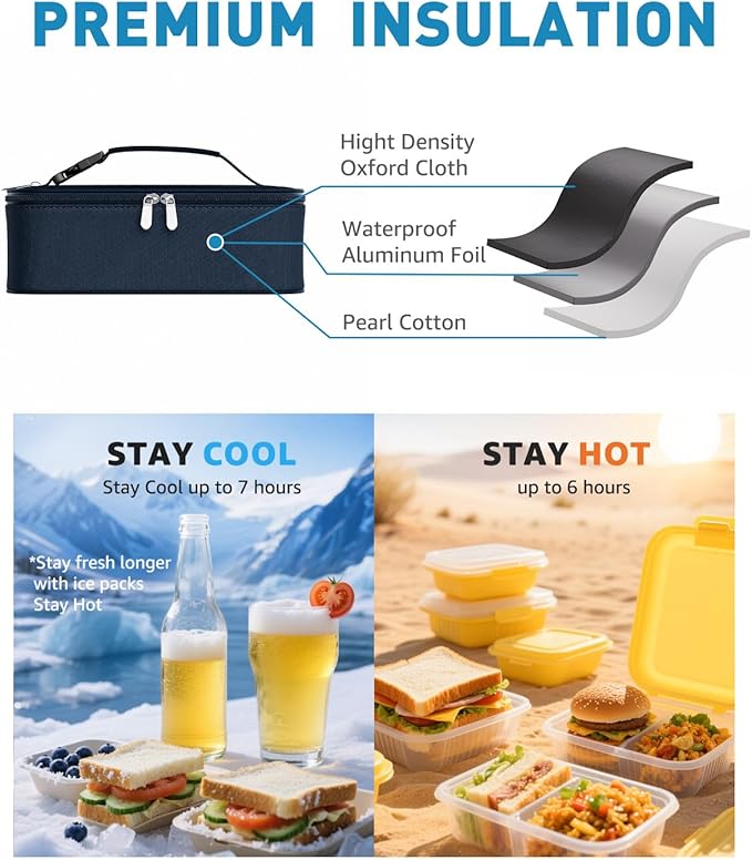 Small Lunch Box Insulated Lunch Bag for Women Men, Bento Kids Lunch Box, Compact Portable Thermal Meal Cooler Bags with Buckle Handle for Work & School, Navy Blue 5L