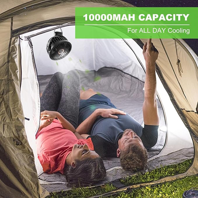 Odoland 10000mAh Camping Rechargeable Fan with Hanging Hook Carabiner, Portable Battery Operated Tent Fan, Quiet Strong Airflow, Outdoor Small USB Desk Fan for Picnic Travel Barbecue Fishing
