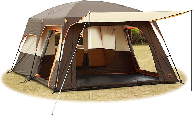 KTT Extra Large Tent 6-10-12-14 Person(Style-B),Family Cabin Tents,2 Rooms,3 Doors and 3 Windows with Mesh,Straight Wall,Waterproof,Double Layer,Big Tent for Outdoor,Picnic,Camping,Family Gathering