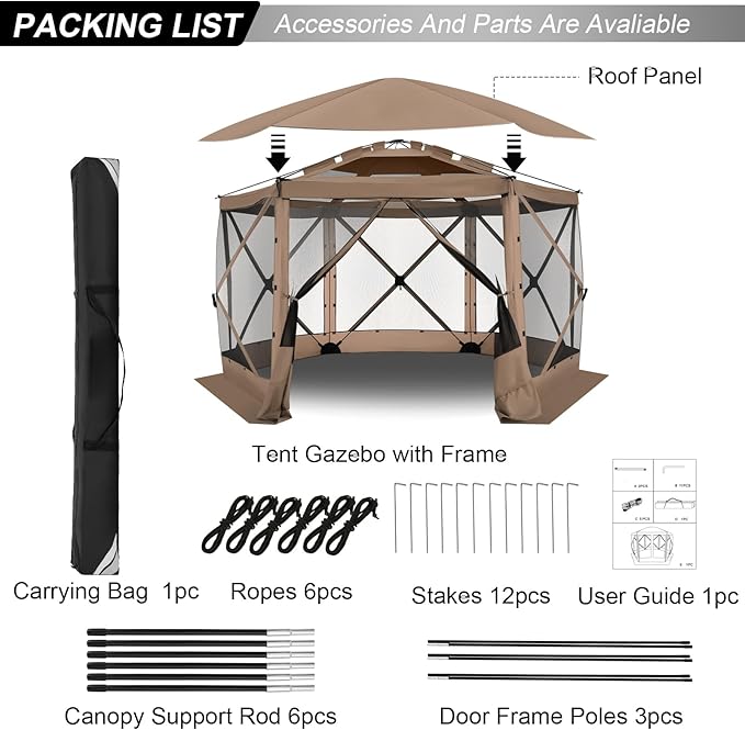 COBIZI 12x12 FT Pop Up Canopy Stargazing Tent, Gazebos On Clearance with Removable Roof,Instant Screened in Gazebo, Screen Tents Portable carpas para Patio for Outdoor Camping,Backyard, Garden,Khaki