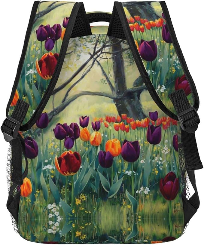 Men Women Lightweight Colorful Sea Of Tulips Art Daypack Bookbag Big Capacity Carry On Bag With Side Pockets for Camping Travel Bicycle