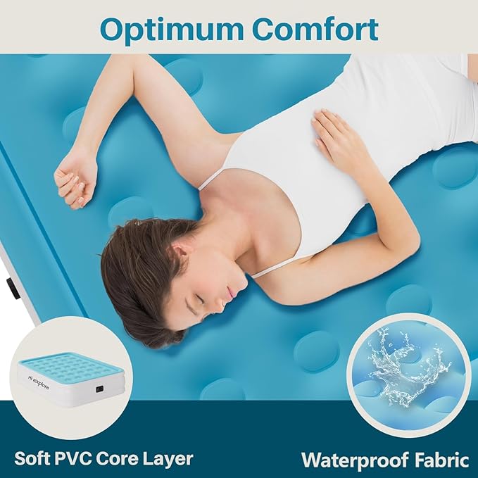 Air Mattress Full with Built in Pump Raised, Comfort Plush Self Inflating Mattress, Inflatable Blow Up Mattress, Portable Airbed for Home, Guests, Camping(Light Blue, 18” Height)