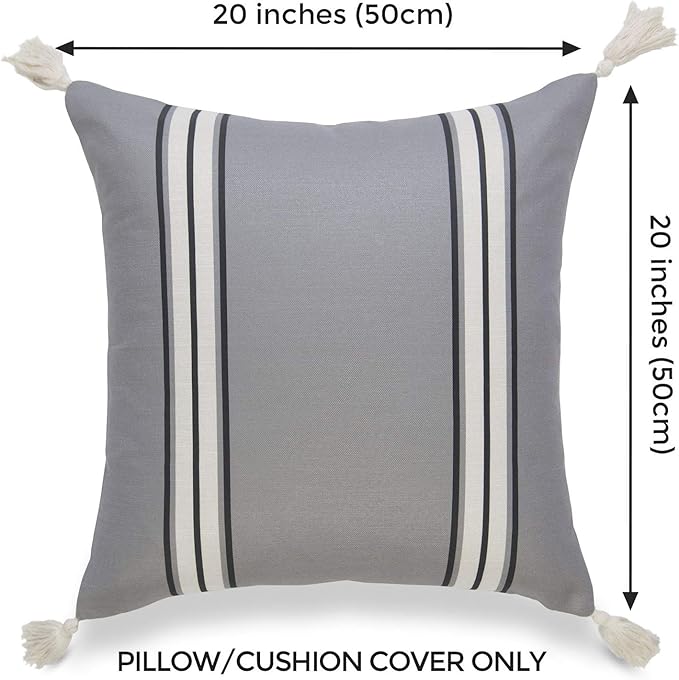 Hofdeco Neutral Decorative Throw Pillow Cover ONLY, for Couch, Sofa, or Bed, Dark Gray Striped Tassel, 20"x20"
