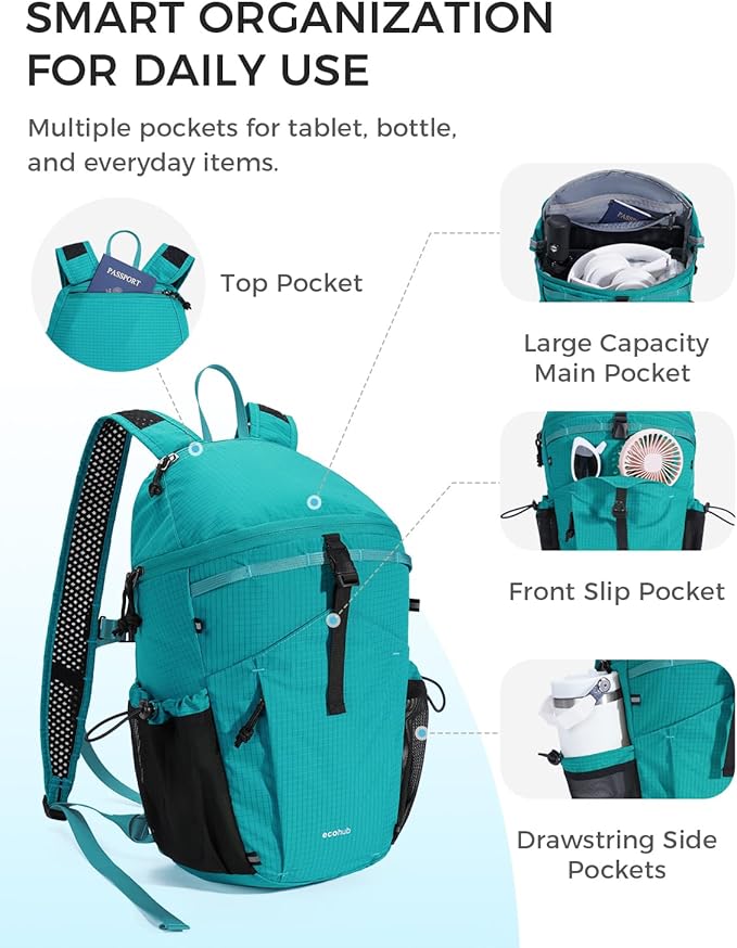 ECOHUB 15L Ultra-Lightweight Packable Backpack, Casual Daypack for Daily Use, Small Hiking & Travel, Foldable Backpack, Water-Resistant Nylon, Reflective Design