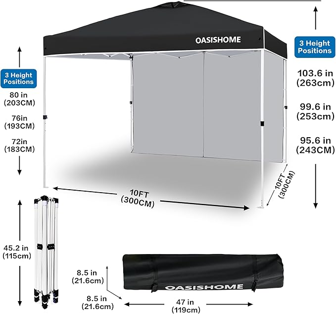 OASISHOME Pop-up Portable Outdoor Canopy Tent 10'x10' Instant Gazebo, with 1 Sidewall, Carry Bag, Stakes, Ropes, for Outdoor/Beach/Patio/Wedding Parties and Commercial Events (10FTx10FT, Black)