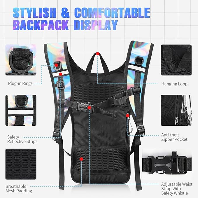 Hydration Backpack, Festival Rave Hydration Pack, Water Backpack with 2L Hydration Bladder, Rave Backpack Hydration Pack Hydropack Hydro for Hiking, Biking, Festivals, Raves
