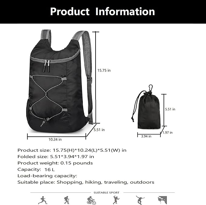 16L Lightweight Foldable Hiking-Backpack Small Packable-Daypack For Travel,Ultralight Water-Resistant Gym Bag Men Women Easy Carry-on (Black&Gray)