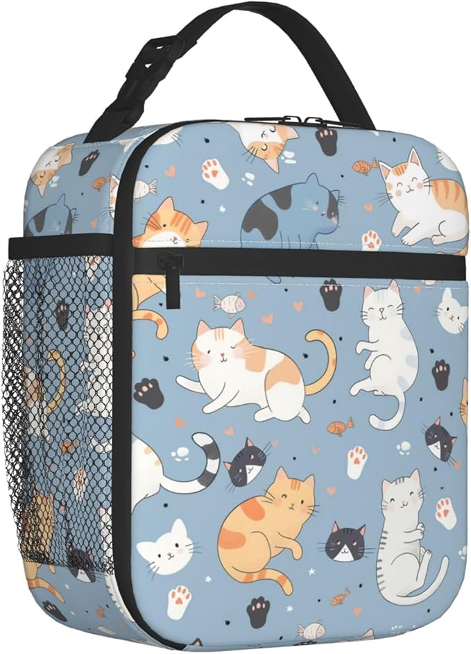 Reusable Cat Lunch Box for Kids Girls Boys Women Adult, Insulated Paw Print Lunch Bag,Polyester Cooler Cute Animal Handbags Case for School Picnic Work Travel Beach or Hiking (Light Blue)