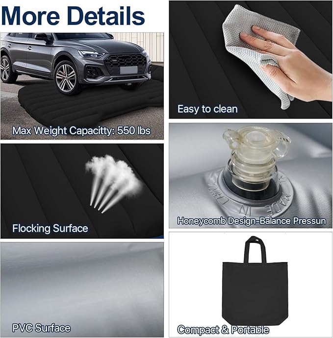 SUV Air Mattress, Car Air Mattress Compatible with Tesla Model Y, Camping Bed for Car Backseat, Inflatable Sleeping Pad with Pump, Truck Jeep Travel Bed for Camping Road Trip (Black)